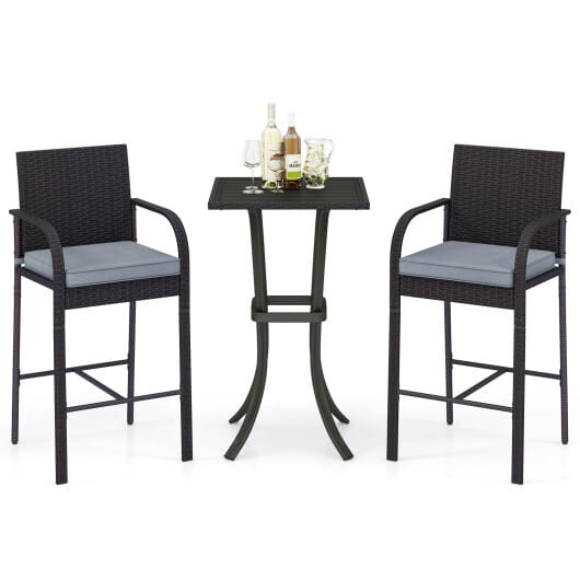 3-Piece Patio Wicker Rattan Bar Height Chairs and Square Table Set-Black - Color: Black