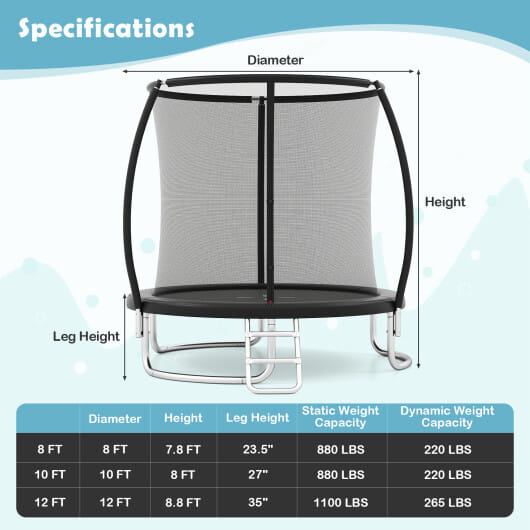 10FT Outdoor Trampoline Heavy-Duty Recreational Trampoline with Safety Enclosure Net-Black - Color: Black - Size: 10 ft