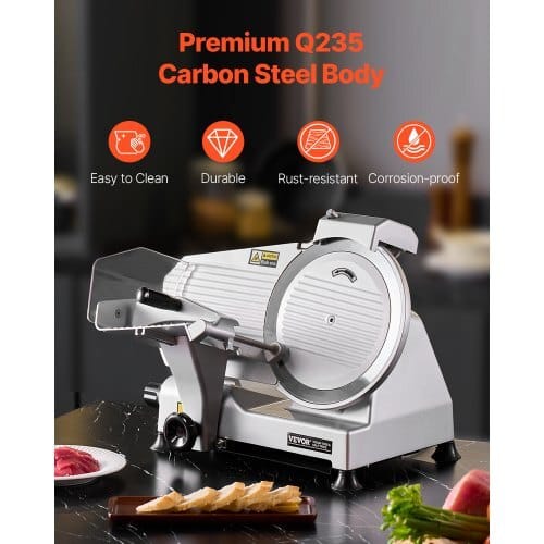 Commercial Meat Slicer, 10 inch Electric Deli Food Slicer, 180W Meat Cutter with a Premium 65Mn Blade, 0-0.4 inch Adjustable Thickness, Food Slicer Machine for Meat Vegetables Hard Bread Cheese