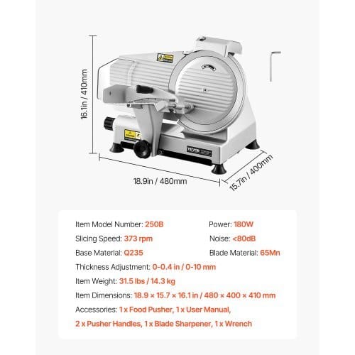 Commercial Meat Slicer, 10 inch Electric Deli Food Slicer, 180W Meat Cutter with a Premium 65Mn Blade, 0-0.4 inch Adjustable Thickness, Food Slicer Machine for Meat Vegetables Hard Bread Cheese