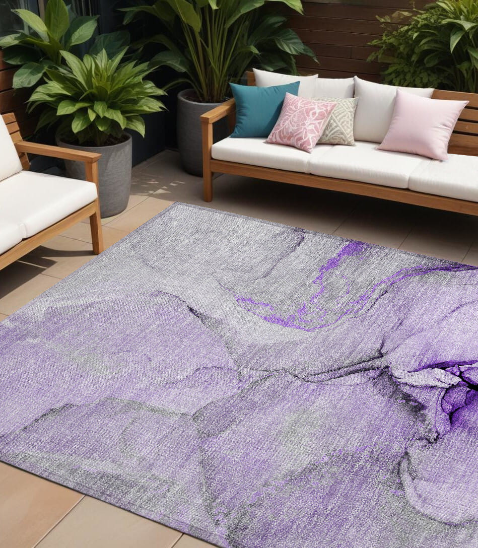 10' X 14' Purple and Ivory Abstract Washable Non Skid Indoor Outdoor Area Rug