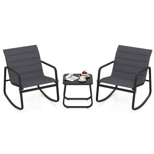 3 Piece Outdoor Rocking Bistro Set Porch Rocker Chairs with Tempered Glass Table-Gray - Color: Gray