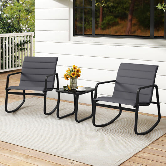 3 Piece Outdoor Rocking Bistro Set Porch Rocker Chairs with Tempered Glass Table-Gray - Color: Gray
