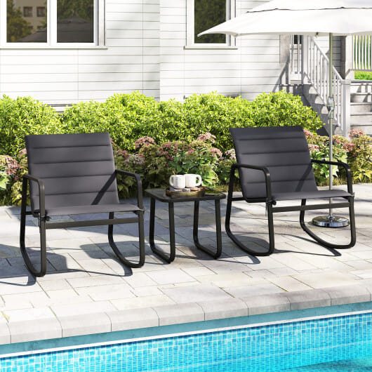 3 Piece Outdoor Rocking Bistro Set Porch Rocker Chairs with Tempered Glass Table-Gray - Color: Gray