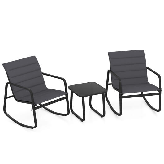 3 Piece Outdoor Rocking Bistro Set Porch Rocker Chairs with Tempered Glass Table-Gray - Color: Gray