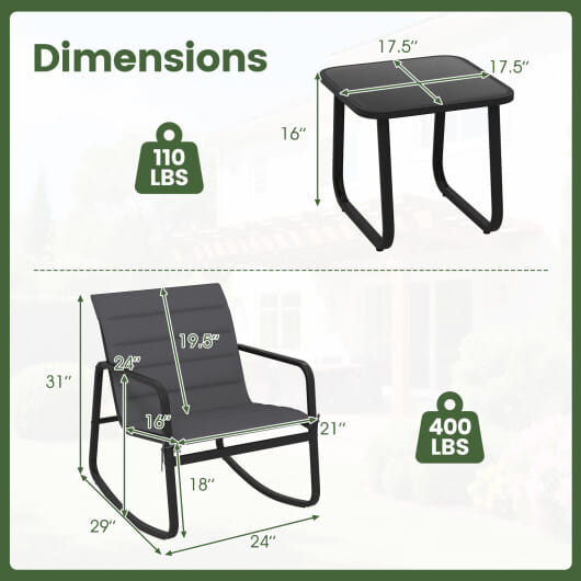 3 Piece Outdoor Rocking Bistro Set Porch Rocker Chairs with Tempered Glass Table-Gray - Color: Gray