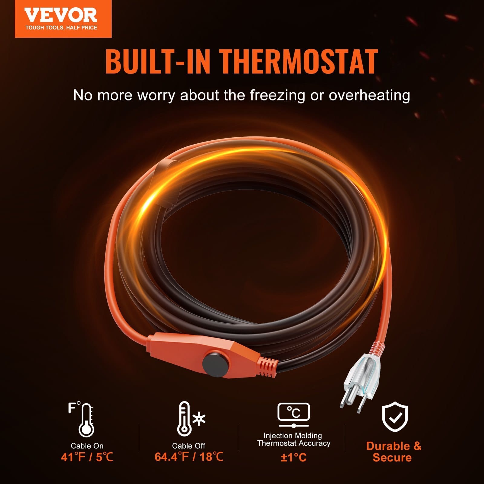 Pipe Heating Cable, 24FT 7W/FT Heat Tape for Pipes with Built-in Thermostat, Water Pipe Heat Cable Protects PVC Hose, Metal and Plastic Pipe from Freezing