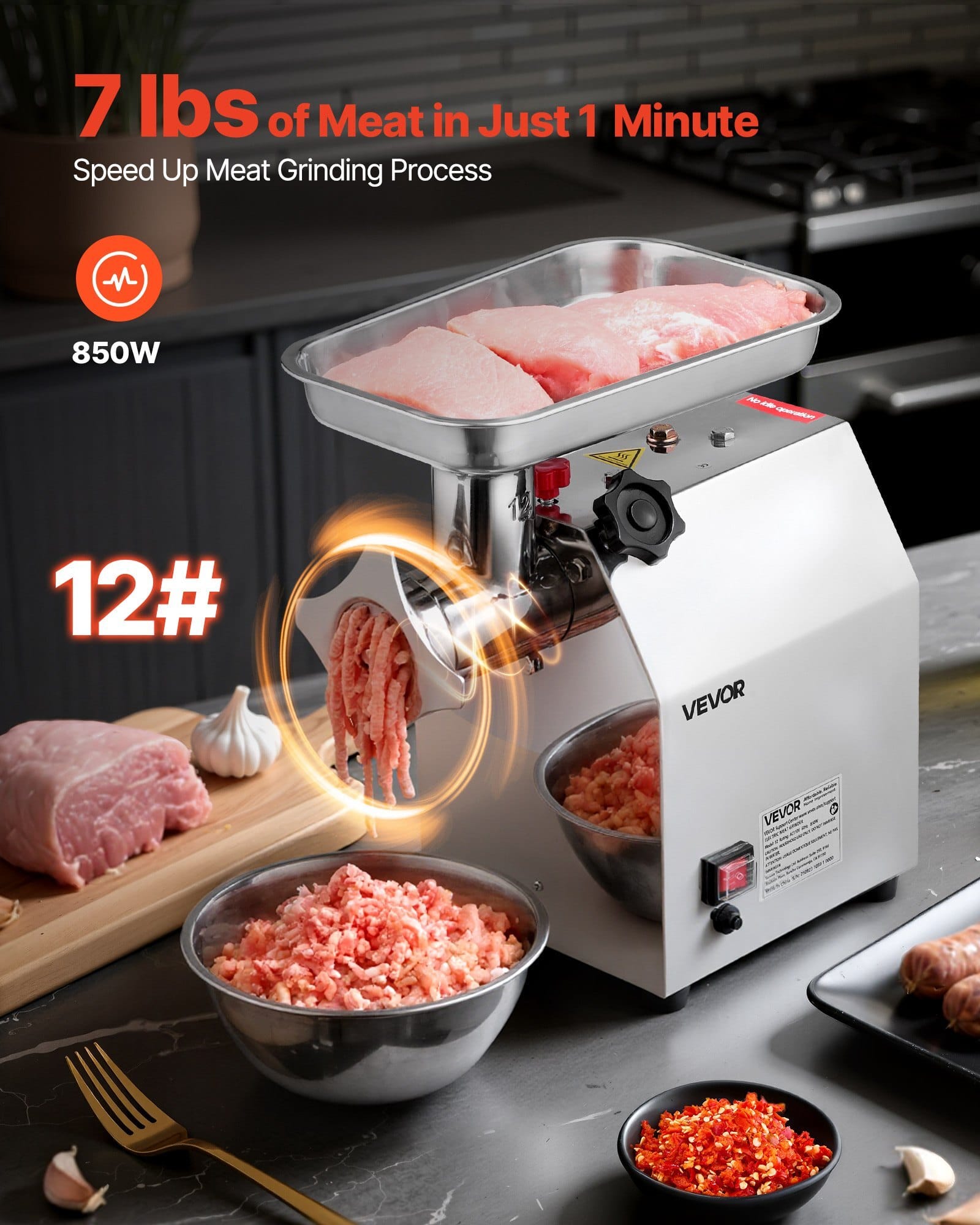 Commercial Electric Meat Grinder, 7 lbs/min Capacity, #12 Industrial Meat Mincer with 2 Stainless Steel Blades, 2 Grinding Plates, 850W Heavy-Duty Sausage Maker Stuffer, for Kitchen, Restaurant