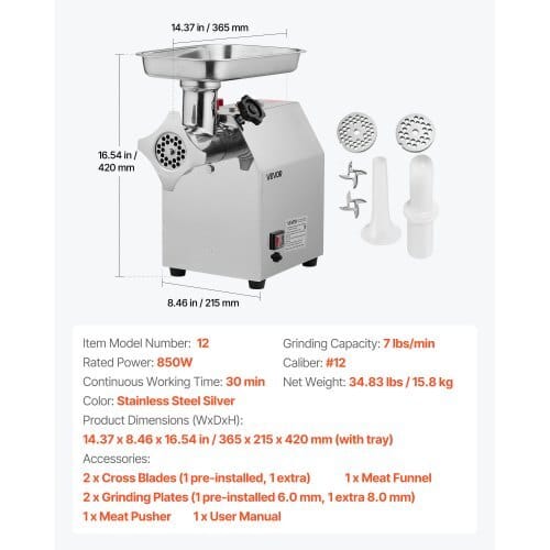Commercial Electric Meat Grinder, 7 lbs/min Capacity, #12 Industrial Meat Mincer with 2 Stainless Steel Blades, 2 Grinding Plates, 850W Heavy-Duty Sausage Maker Stuffer, for Kitchen, Restaurant
