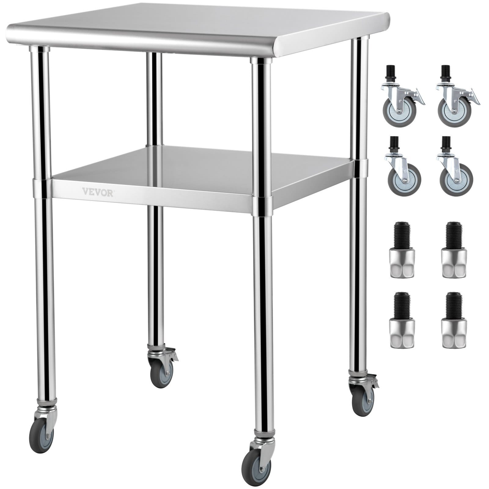 Mesa de preparación de acero inoxidable, 24 x 24 x 36 pulgadas, capacidad de carga de 600 libras, mesa de trabajo de metal resistente con estante inferior ajustable y ruedas universales, estació