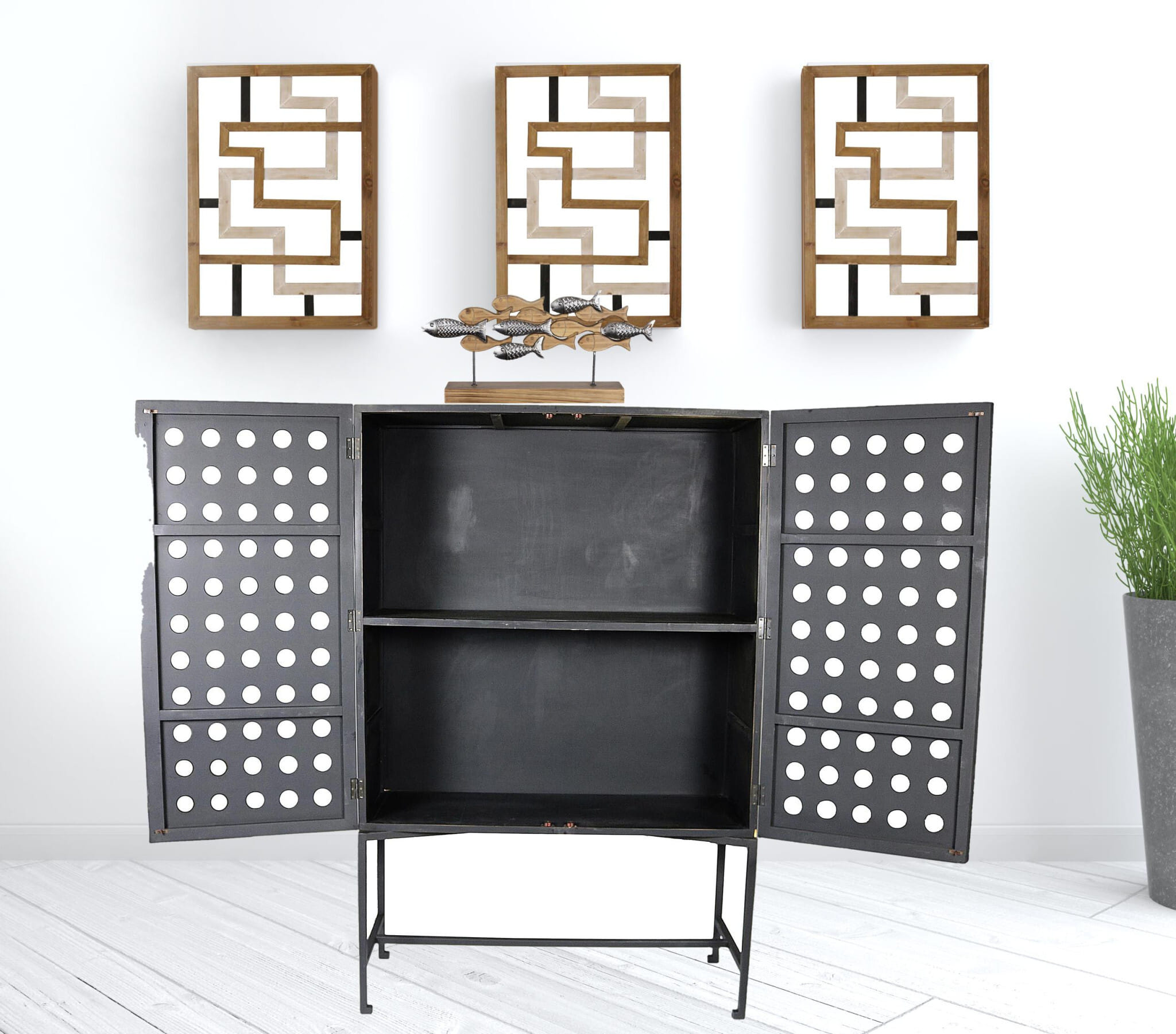 48" Dark Gray Solid Wood and Metal Holey Two Door Accent Chest