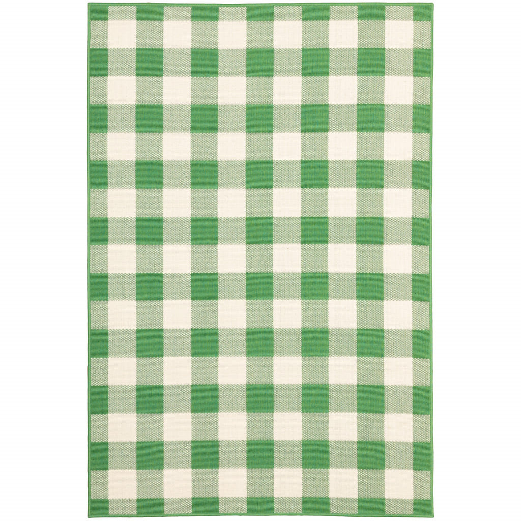 5' X 8' Green and Ivory Geometric Stain Resistant Indoor Outdoor Area Rug