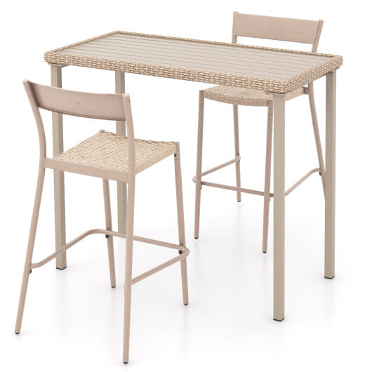 3 Pieces Patio Bar Table Set with Height Table and 2 Armless Chairs - Color: Brown