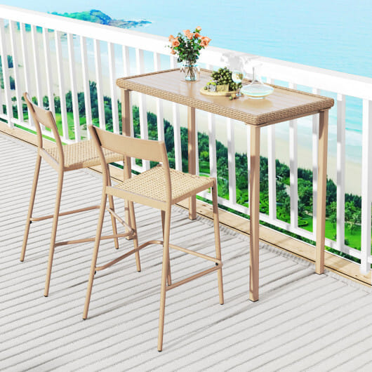3 Pieces Patio Bar Table Set with Height Table and 2 Armless Chairs - Color: Brown