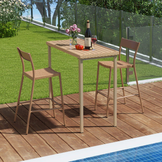 3 Pieces Patio Bar Table Set with Height Table and 2 Armless Chairs - Color: Brown