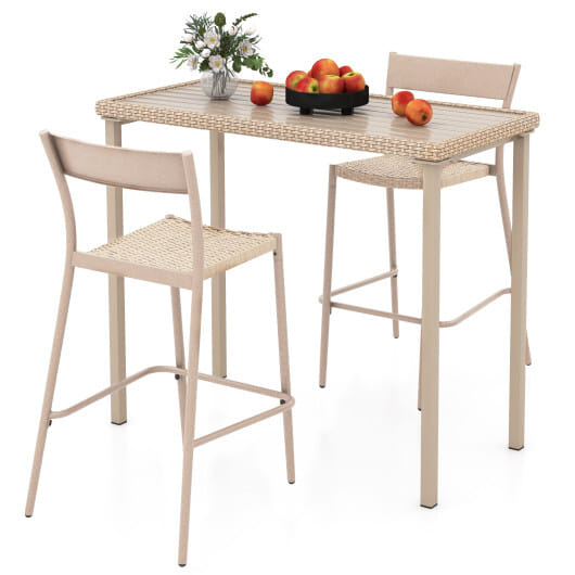 3 Pieces Patio Bar Table Set with Height Table and 2 Armless Chairs - Color: Brown