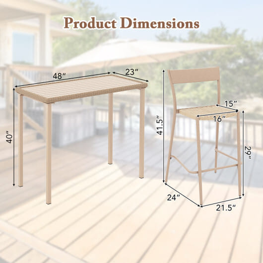 3 Pieces Patio Bar Table Set with Height Table and 2 Armless Chairs - Color: Brown