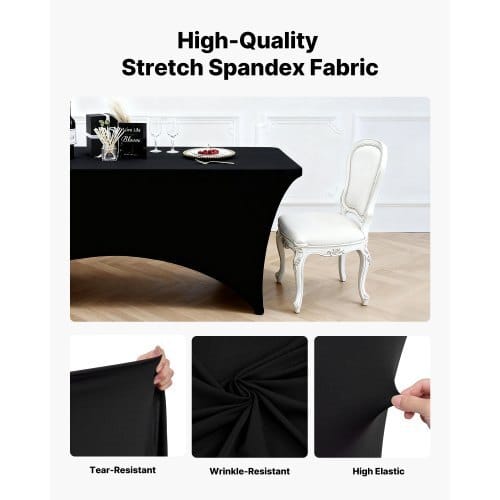 6 Pack Table Cloth for 6FT Rectangular Fitted Events, Wrinkle-Resistant Stretch Black Table Covers, Washable Spandex Tablecloth Protector, for Party, Wedding, Cocktail, Banquet, Festival