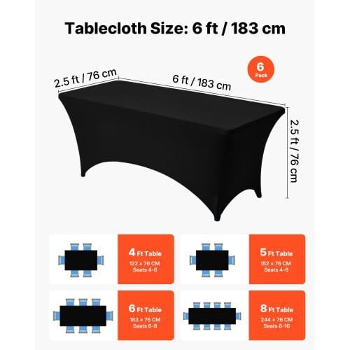 6 Pack Table Cloth for 6FT Rectangular Fitted Events, Wrinkle-Resistant Stretch Black Table Covers, Washable Spandex Tablecloth Protector, for Party, Wedding, Cocktail, Banquet, Festival