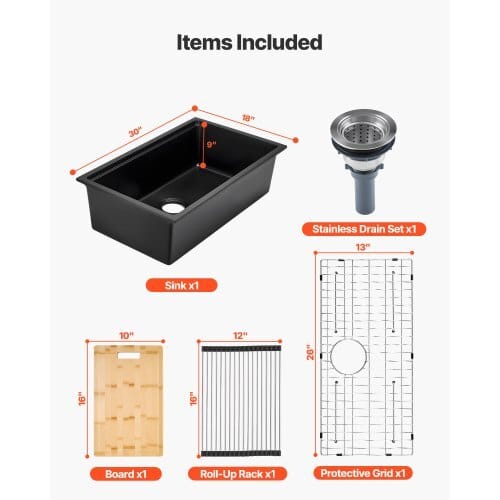 30 inch Kitchen Sink Workstation, Undermount Granite Sink, Drop-In Single Bowl Farmhouse Basin with Multiple Accessories, Household Dishwasher Sinks for RV, Prep Kitchen, and Bar (Black)