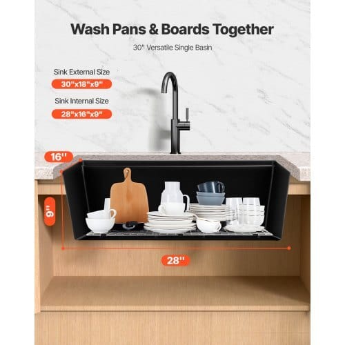 30 inch Kitchen Sink Workstation, Undermount Granite Sink, Drop-In Single Bowl Farmhouse Basin with Multiple Accessories, Household Dishwasher Sinks for RV, Prep Kitchen, and Bar (Black)