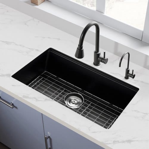 30 inch Kitchen Sink Workstation, Undermount Granite Sink, Drop-In Single Bowl Farmhouse Basin with Multiple Accessories, Household Dishwasher Sinks for RV, Prep Kitchen, and Bar (Black)