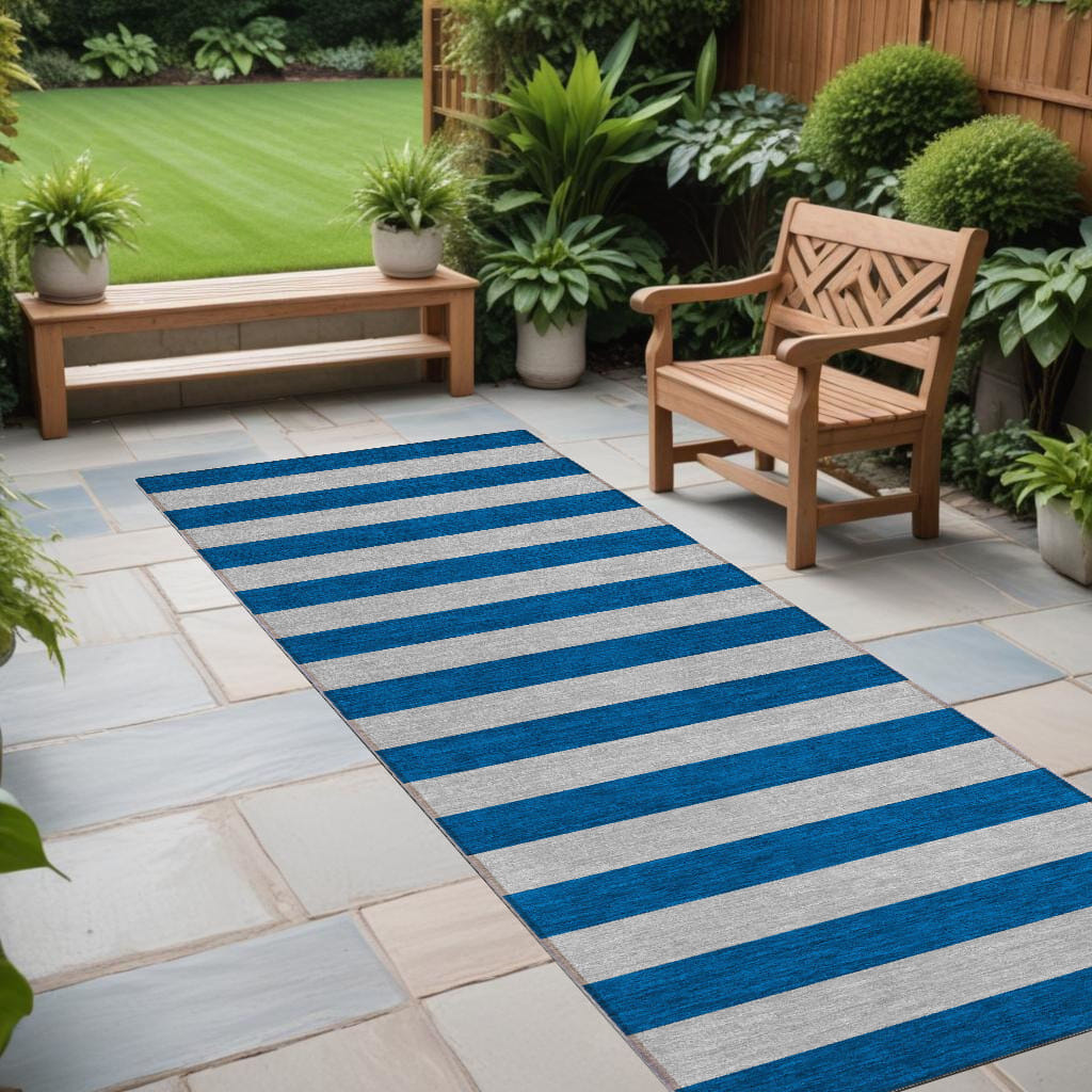 8' Runner Blue and Ivory Striped Washable Non Skid Indoor Outdoor Runner Rug
