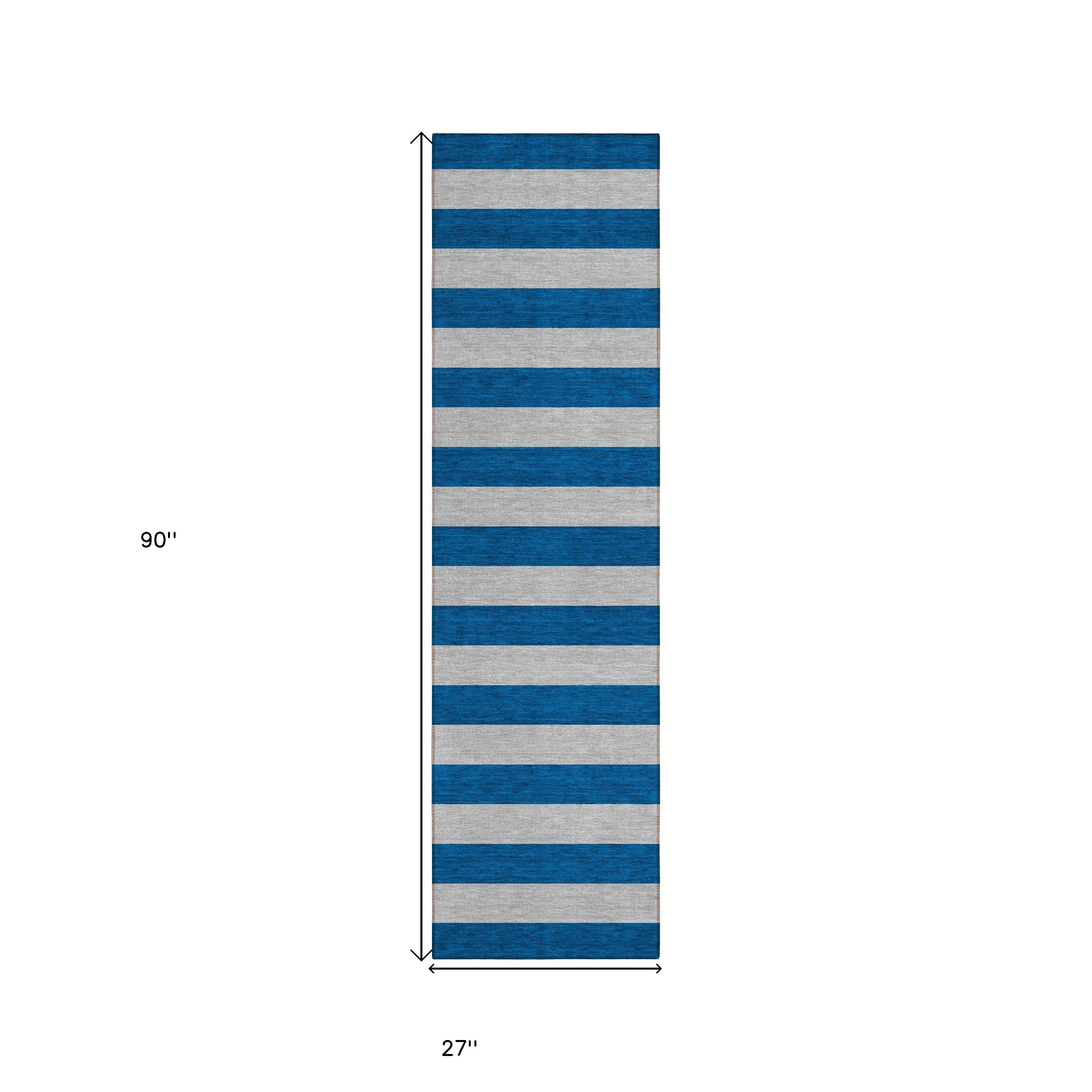 8' Runner Blue and Ivory Striped Washable Non Skid Indoor Outdoor Runner Rug