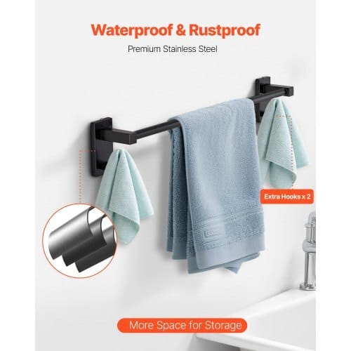 Matte Black Bathroom Hardware Set, 4 Pieces Stainless Steel Bathroom Accessories Set, 24-inch Towel Bar, Towel Ring, Robe Towel Hook, Toilet Paper Holder, for Bath Room, Wall Mounted