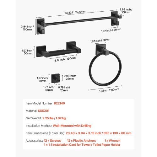 Matte Black Bathroom Hardware Set, 4 Pieces Stainless Steel Bathroom Accessories Set, 24-inch Towel Bar, Towel Ring, Robe Towel Hook, Toilet Paper Holder, for Bath Room, Wall Mounted