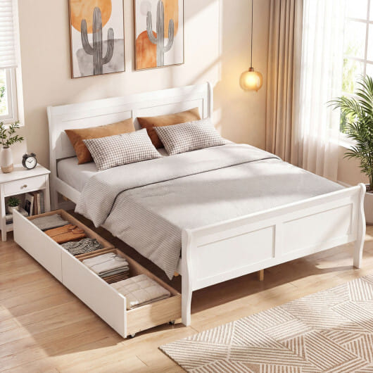 Full Size Bed Frame with 2 Storage Drawers and Footboard for Kids Teens Adults-White - Color: White