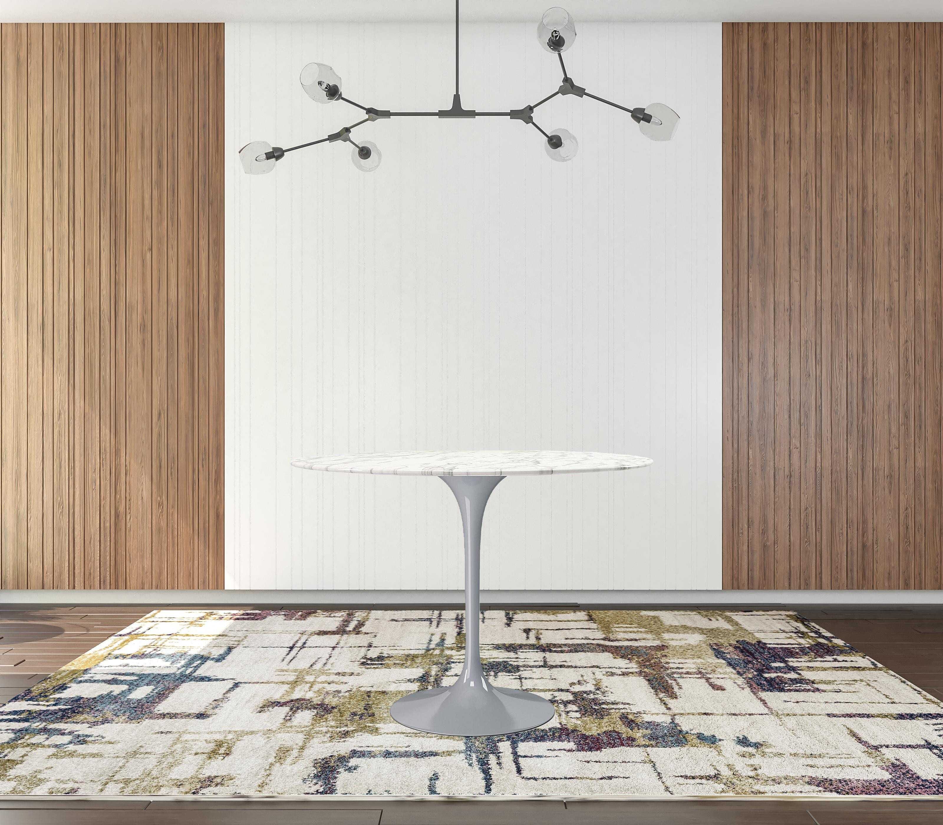40" White And Gray Rounded Marble And Metal Pedestal Base Dining Table