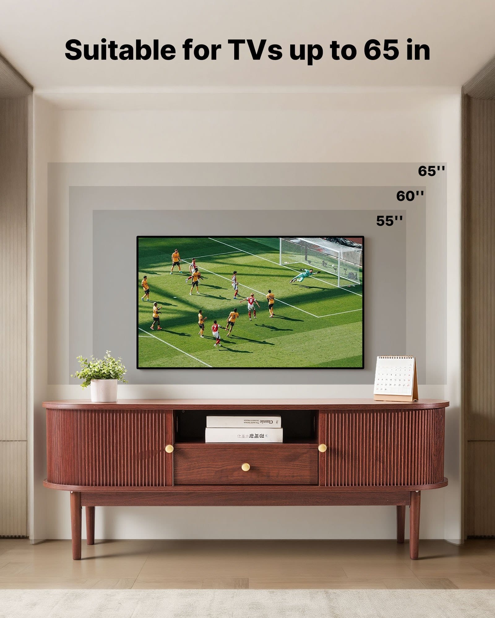 TV Stand, Mid Century Modern Entertainment Center for TVs up to 58 in, 350 lbs Load Capacity, TV Media Console Table with Drawer, Open Storage Shelves & Rolling Door for Living Room, Bedroom