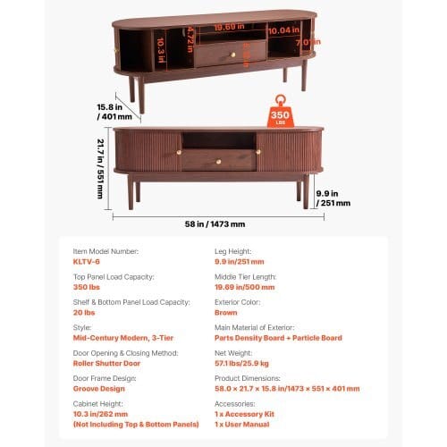 TV Stand, Mid Century Modern Entertainment Center for TVs up to 58 in, 350 lbs Load Capacity, TV Media Console Table with Drawer, Open Storage Shelves & Rolling Door for Living Room, Bedroom