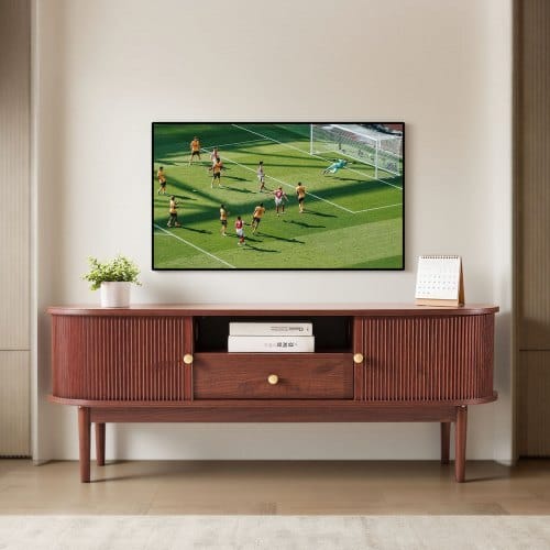 TV Stand, Mid Century Modern Entertainment Center for TVs up to 58 in, 350 lbs Load Capacity, TV Media Console Table with Drawer, Open Storage Shelves & Rolling Door for Living Room, Bedroom