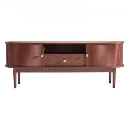 TV Stand, Mid Century Modern Entertainment Center for TVs up to 58 in, 350 lbs Load Capacity, TV Media Console Table with Drawer, Open Storage Shelves & Rolling Door for Living Room, Bedroom