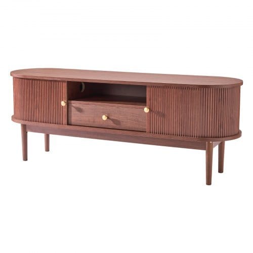 TV Stand, Mid Century Modern Entertainment Center for TVs up to 58 in, 350 lbs Load Capacity, TV Media Console Table with Drawer, Open Storage Shelves & Rolling Door for Living Room, Bedroom