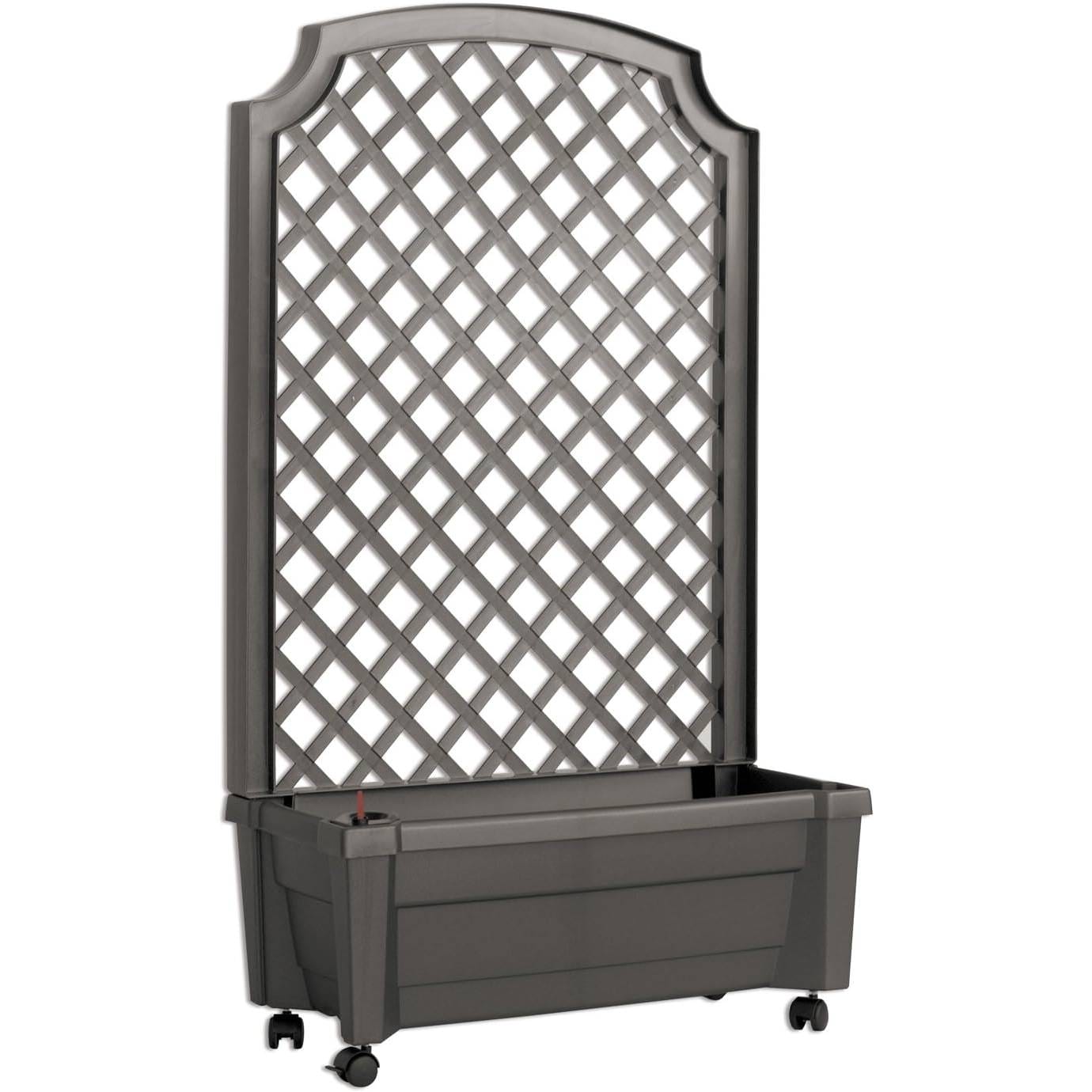 Outdoor Self-Watering Garden Planter with Trellis and Wheels in Grey Plastic