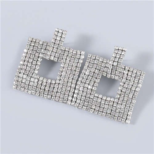 U.S Fashion Square Shape Hollow-out Glistening Rhinestone Inlaid Luxurious Women Wholesale Earrings - Silver