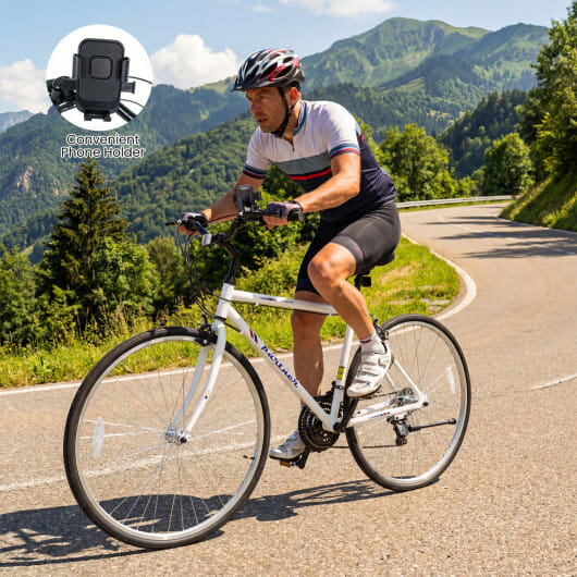 700C Hybrid Bike for Adult with 18-Speed Shimano Drivetrain and Phone Holder-White - Color: White - Size: 700C