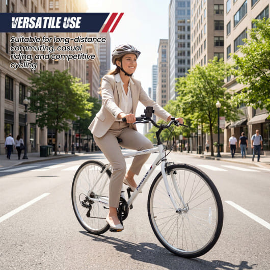700C Hybrid Bike for Adult with 18-Speed Shimano Drivetrain and Phone Holder-White - Color: White - Size: 700C