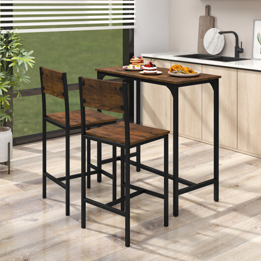 3 Piece Bar Table Set with Backrest and Footrest for Small Space-Rustic Brown - Color: Rustic Brown