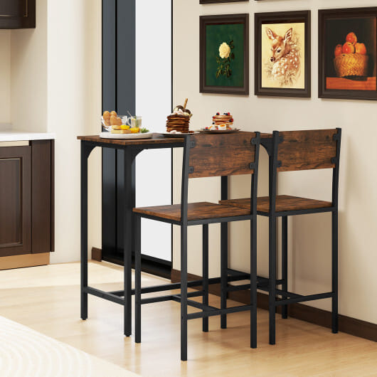 3 Piece Bar Table Set with Backrest and Footrest for Small Space-Rustic Brown - Color: Rustic Brown