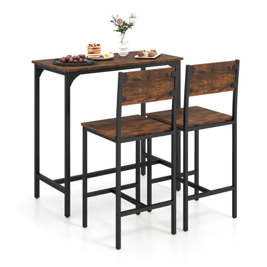 3 Piece Bar Table Set with Backrest and Footrest for Small Space-Rustic Brown - Color: Rustic Brown
