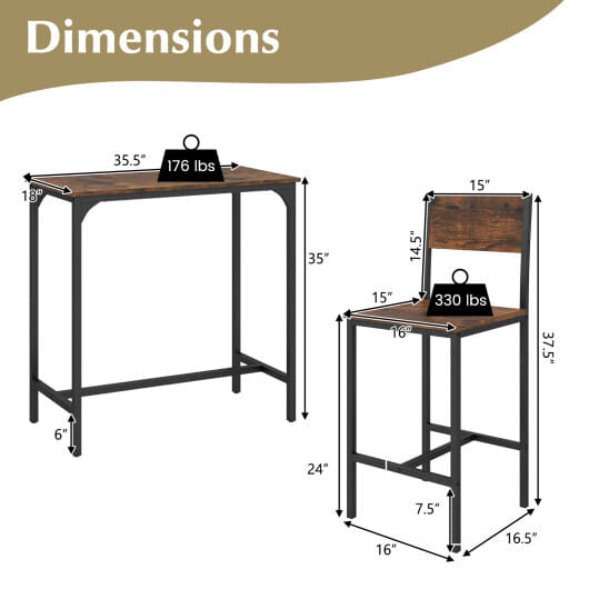 3 Piece Bar Table Set with Backrest and Footrest for Small Space-Rustic Brown - Color: Rustic Brown