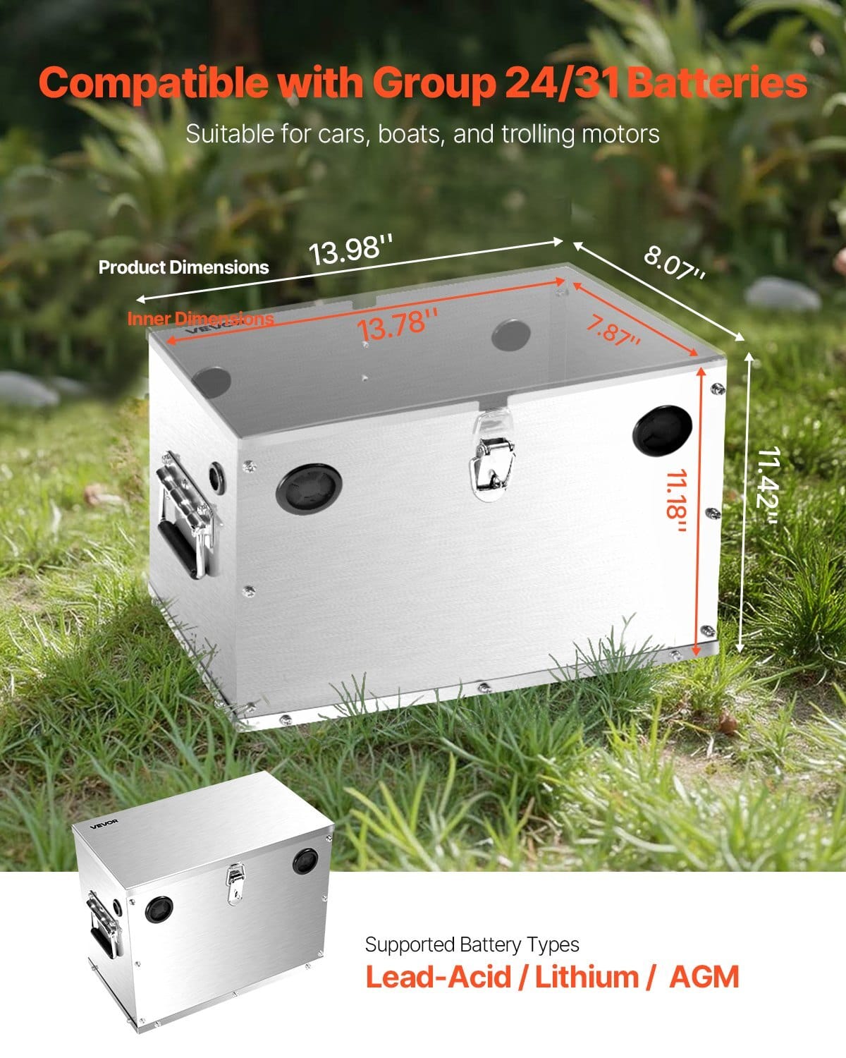 Battery Box, Group 24/31 Trolling Motor Battery Box, Marine Batteries Case with Lock, Handles and Rubber-Grommet Cable Holes, Stainless Steel Shell, Suitable for Cars, Boats & Trolling Motors