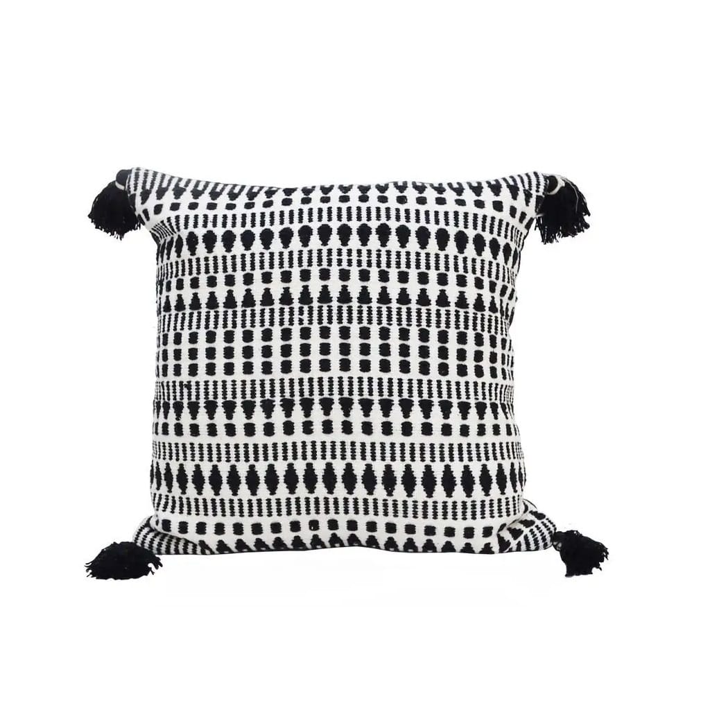 22" Black and White Southwestern Cotton Blend Throw Pillow With Tassels