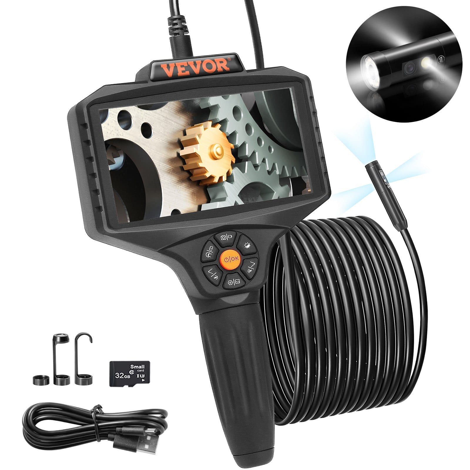 Triple Lens Borescope, 5" IPS Screen Inspection Camera with Lights, 8X Zoom 1080P HD Split Screen, 10 LED Lights Scope Endoscope Camera for Automotive, Plumbing(16.5FT Cable, 32GB Card)