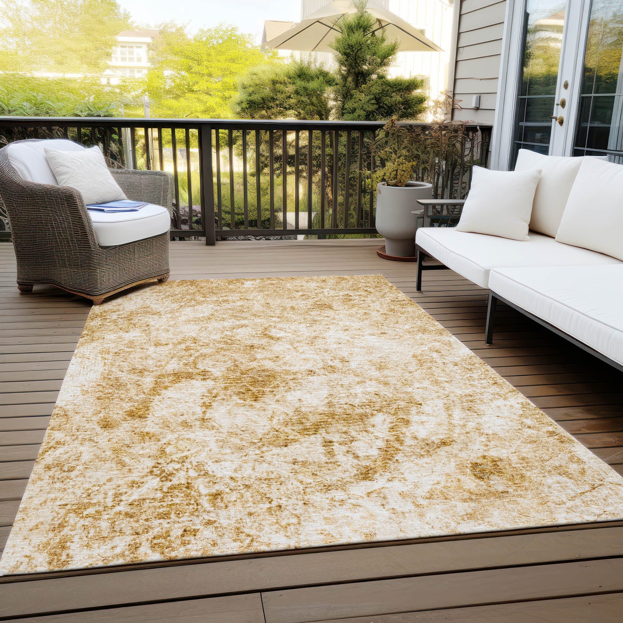 8' X 10' Beige and Gold Abstract Washable Non Skid Indoor Outdoor Area Rug