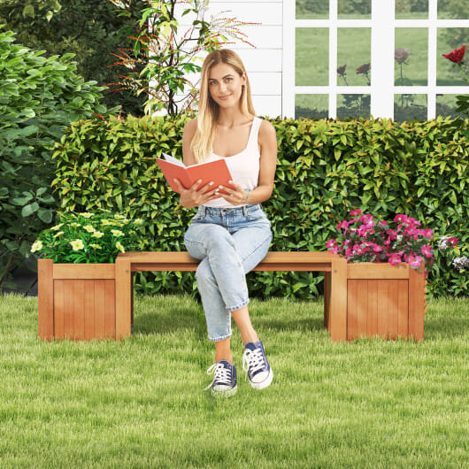 Hardwood Planter Box with Bench Garden Bench with 2 Side Flower Boxes - Color: Natural